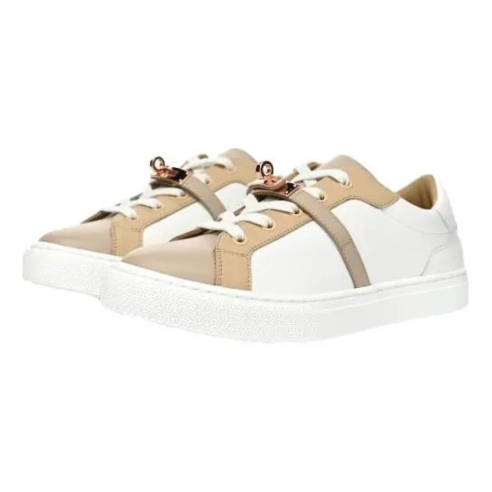Auth Hermes Day Sneakers Multicolore/White Leather Rose Gold Hardware Womens 38